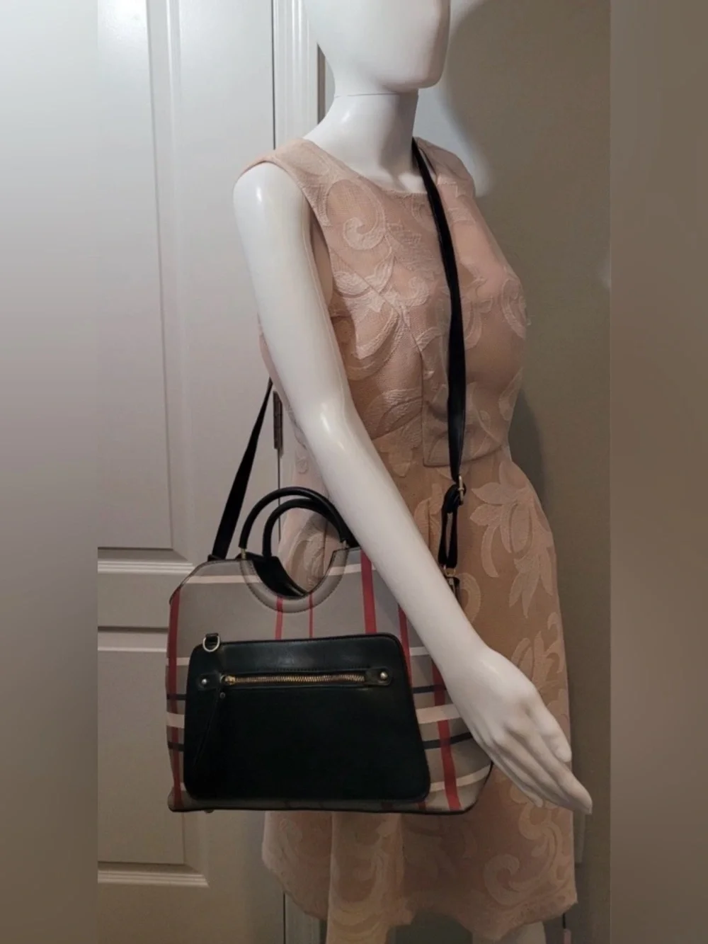 Black & Red Plaid Satchel Crossbody Bag Coated Canvas Faux Leather Trim